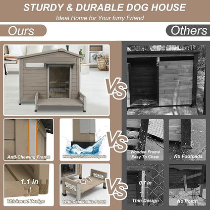 34" L Outdoor Dog House with Porch, Removable Floor, Raised Feet Anti-Chewing Iron Frame – Weatherproof Wooden Dog Kennel for Indoor/Outdoor Use, Ideal for Small to Medium Dogs