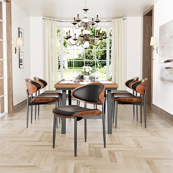 Dining Chairs Set of 2, Dining Room and Kitchen Chairs, Mid Century Modern Retro Chair, Upholstered PU Leather Chairs for Vanity with Walnut Bentwood and Metal Legs (Black)
