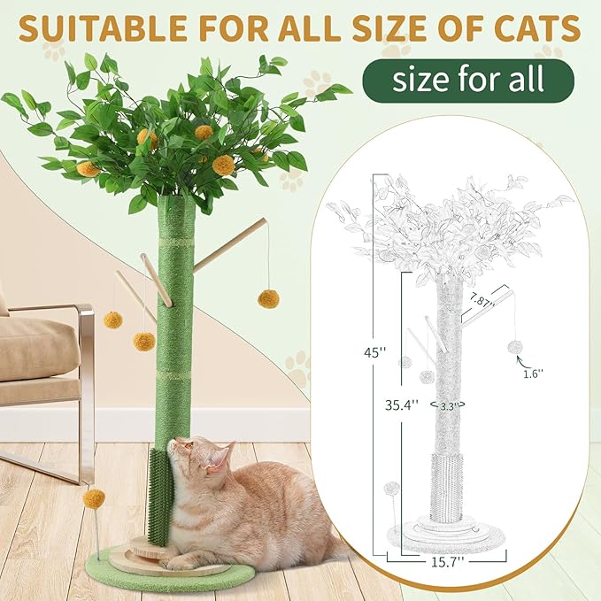 Cat Scratching Post for Indoor Cats Adults, 45 Inch Tall Cat Scratcher with Sisal Rope, Large Cats Scratching Posts with Hanging Ball for Kittens and Medium Large Cats