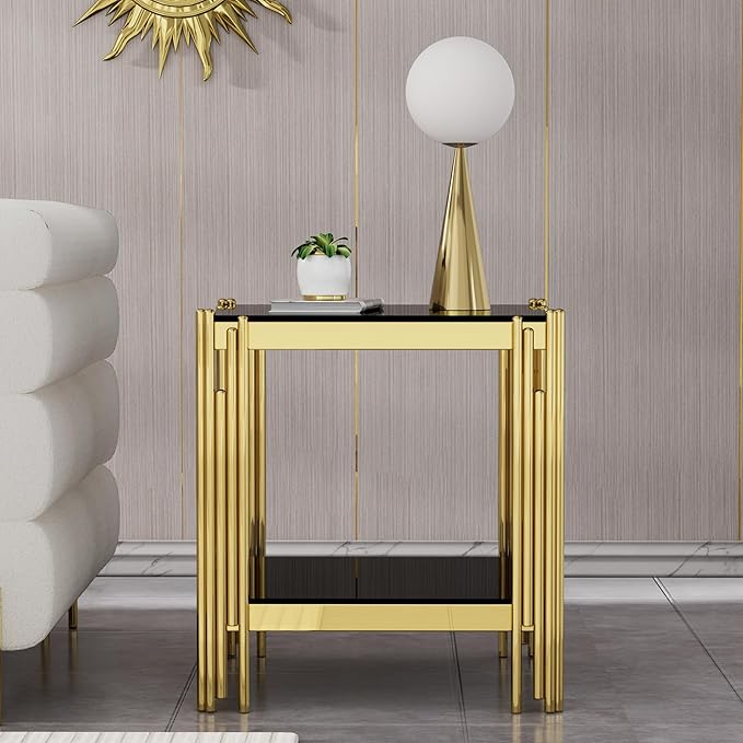 Goujxcy Modern Glass End Table Gold Sofa Side Table with Black Glass Top and Mirror Finish Stainless Steel Legs, Luxury Square Sofa Side Table Coffee Table Bedside Table for Living Room Bedroom (Gold)