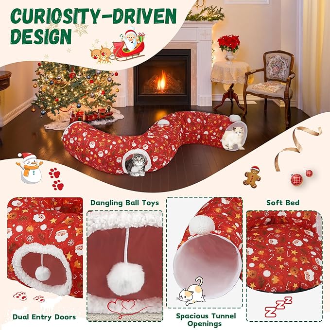 Cat Tunnel Christmas Tree Skirt Cat Tunnel Bed for Indoor Cats Play Donut Tunnel Toys S Shape for Rabbit Ferret (Red)