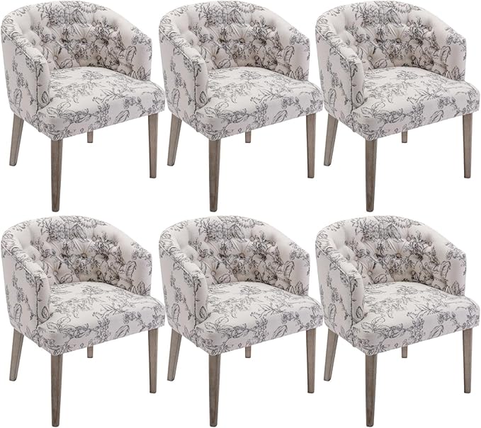 DUOMAY Modern Tufted Dining Chairs Set of 6, Linen Upholstered Side Chair, Comfy Accent Barrel Chair with Wood Legs for Home Kitchen Dining Room Living Room Restaurant, Beige Flower Pattern