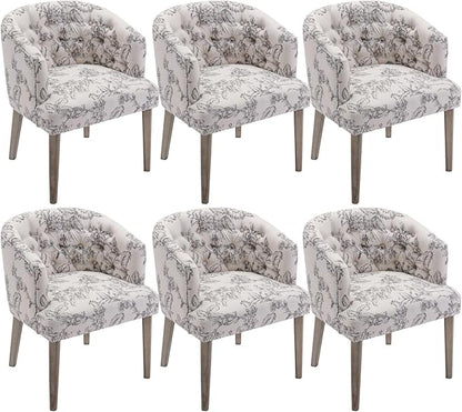 DUOMAY Modern Tufted Dining Chairs Set of 6, Linen Upholstered Side Chair, Comfy Accent Barrel Chair with Wood Legs for Home Kitchen Dining Room Living Room Restaurant, Beige Flower Pattern
