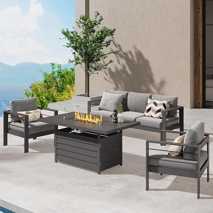 Wisteria Lane Aluminum Patio Furniture Set, 4 Pcs Metal Outdoor Furniture Set with CSA Certified 54in Propane Gas Fire Pit Table, Patio Conversation Set with 5in Olefin Cover Cushions, Dark Grey