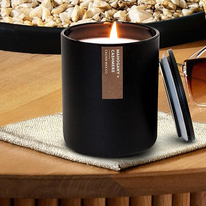 Calyan Wax Co. Mahogany & Cashmere Scented Candle - 75 Hour Burn - Luxury Non Toxic Soy Wax Candles - Long Lasting Black Tumbler Jar Candle for Home - 10.2oz