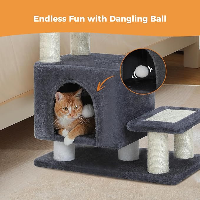 3-in-1 Dog Stairs & Cat Scratching Post with Condo, Pet Steps for High Bed, Sofa, Couch, Tall Cat Tower, High-Strength Board for Indoor Small Cats Kittens Dogs Climbing Playing, 3 Steps-Dark Grey