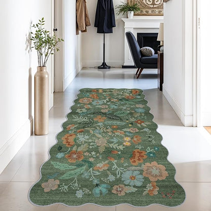 Hallway 3x6 Washable Runner Rug - Indoor Floral Scalloped Kitchen Entryway Low Pile Carpet Soft Non Slip Floor Mat for Bathroom Living Room Bedroom Elegant Home Decor(3x6 Floral/Green)