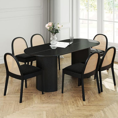 LukeAlon Modern Sherpa Dining Chairs Set of 8, Natural Woven Rattan Cane Back Side Chairs with Solid Wood Legs Mid Century Dinner Chairs for Kitchen Living Room, Black