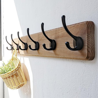 Dseap Coat Rack Wall Mount: 24" Long, Patented, Heavy-Duty, 6-Double-Hooks Wooden Hanger Hook Rail for Winter Coats Hat Jacket Clothing, Weathered Brown