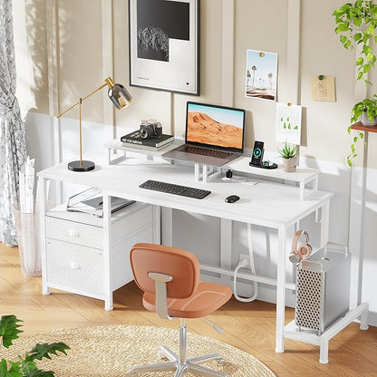 Furologee 47" Computer Desk with File Cabinet and Power Outlets, Home Office Desk with 2 Monitor Stands and Storage Drawer, Writing Gaming Table with Shelves and 2 Hooks for Bedroom, White