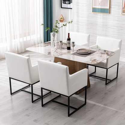 Set of 2 Upholstered Dining Chairs with Armrest, PU Leather Modern Accent Armchairs, Kitchen & Dining Room Chairs Side Chairs, White