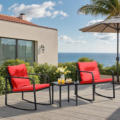 Greesum 3 Pieces Rocking Wicker Bistro Set, Patio Outdoor Furniture Conversation Sets with Porch Chairs and Glass Coffee Table, Red