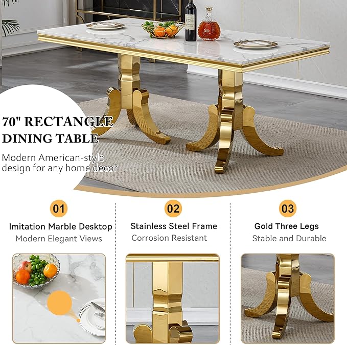 70" Faux Marble Dining Table Set for 6, 7-Piece Dining Set with White Gold Kitchen Table and 6 Velvet Tufted Chairs, Modern Rectangular Dining Room Table with American-Shape Stainless Steel Base