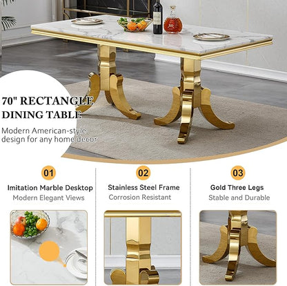 70" Faux Marble Dining Table Set for 6, 7-Piece Dining Set with White Gold Kitchen Table and 6 Velvet Tufted Chairs, Modern Rectangular Dining Room Table with American-Shape Stainless Steel Base
