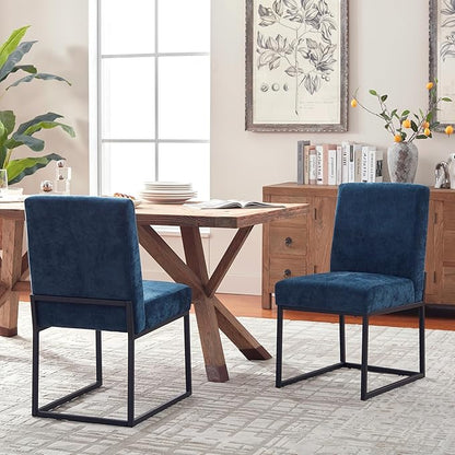 VKNOW Upholstered Dining Chairs Set of 4, Modern Dining Room Chairs, Linen Kitchen Chair Dinner Chair with Black Metal Base for Kitchen Office, Blue-Unstriped