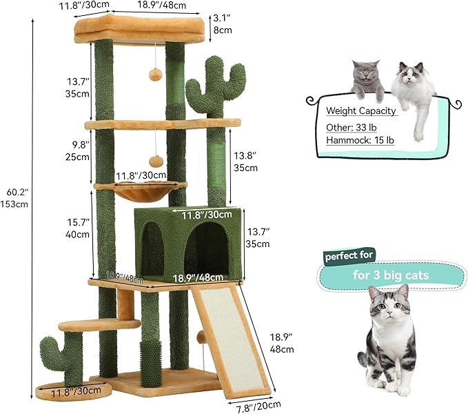 YITAHOME 60in Cactus Cat Tree: Multi-Level Tall Kitty Tower Indoor, Large Kitten Condo with Plush Platform, Hammock, Scratching Posts, and Dangling Balls for 2-3 Cats