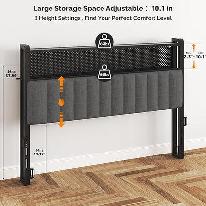 VINGLI Queen Size Headboard Only, Adjustable Upholstered Headboard with 2 Tier Shelves and Pegboard with Charging Stations and LED Lights, Modern Bed Headboard with Storage for Bedroom Decor