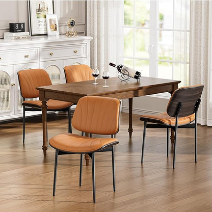 Dining Chairs Set of 4, Mid Century Modern Dining Room and Kitchen Chairs, Upholstered PU Leather Chairs with Walnut Bentwood and Metal Legs, Orange