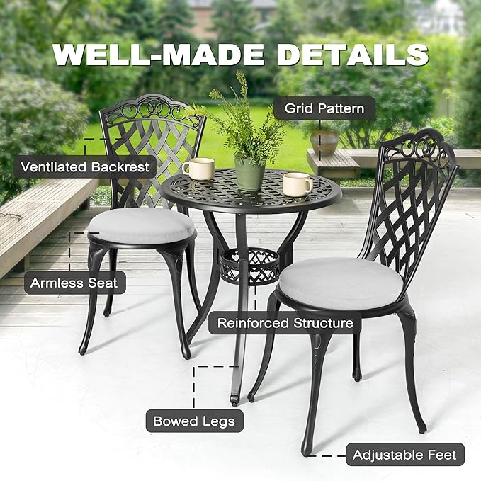 NUU GARDEN Outdoor Cast Aluminum Bistro Set, 3-Piece Patio Bistro Set with Table and 2 Chairs, Weather-Resistant Furniture with Gray Cushions and Umbrella Hole for Balcony, Garden, Lawn, Black