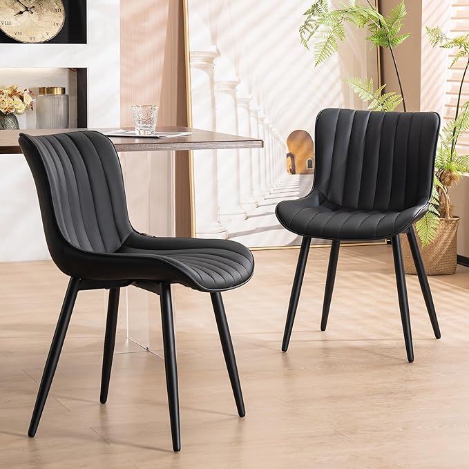 YOUNUOKE Black Dining Chairs Set of 2, Faux Leather Upholstered Kitchen & Dining Room Chairs with Back, Mid Century Modern Minimalist Accent Chair Armless for Guest Reception Waiting Living Room