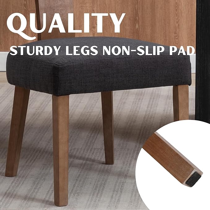 Linen Dining Chairs Set of 2, Modern Dining Chair with Curved Backrest and Wood Legs Upholstered Dining Chairs Farmhouse Dining Room Chairs Kitchen Chairs, Charcoal