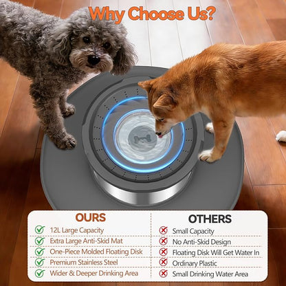 Decflow 12L No Spill Dog Water Bowl for Large Dogs, Stainless Steel Spill Proof Bowls with Suction Cup Anti-Skid Mat, Slow Drinking Feeder for Messy Drinkers, Heavy Duty Pet Bowls for Indoor/Outdoor