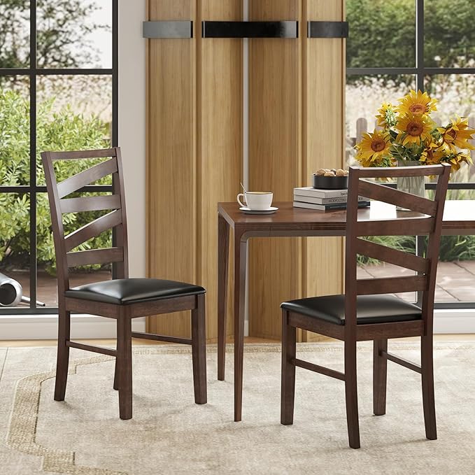 GOFLAME Wooden Dining Chairs Set of 2, PU Leather Upholstered Kitchen Chairs with W-Shaped Hollowed Backrest, Rubber Wood Legs, Armless Side Chairs for Living Room, Dining Room, Restaurant