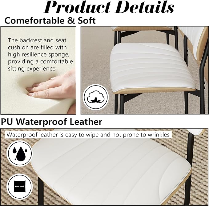 Modern PU Leather Dining Room Chairs Set of 6, Upholstered Kitchen Chairs with Curved Wood Backrest and Metal Legs Adjustable Feet for Kitchen Dining Room(White)