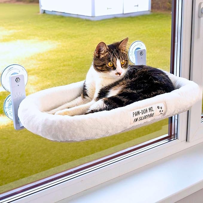 Cat Window Perch — Cat Window Bed with 4 Large Premium Suction Cups & Soft Solid Cushion; Strong Rustproof Metal Frame Window Hammock Holding Up to 40 lbs; Easy Assembly Perch for Indoor Cats