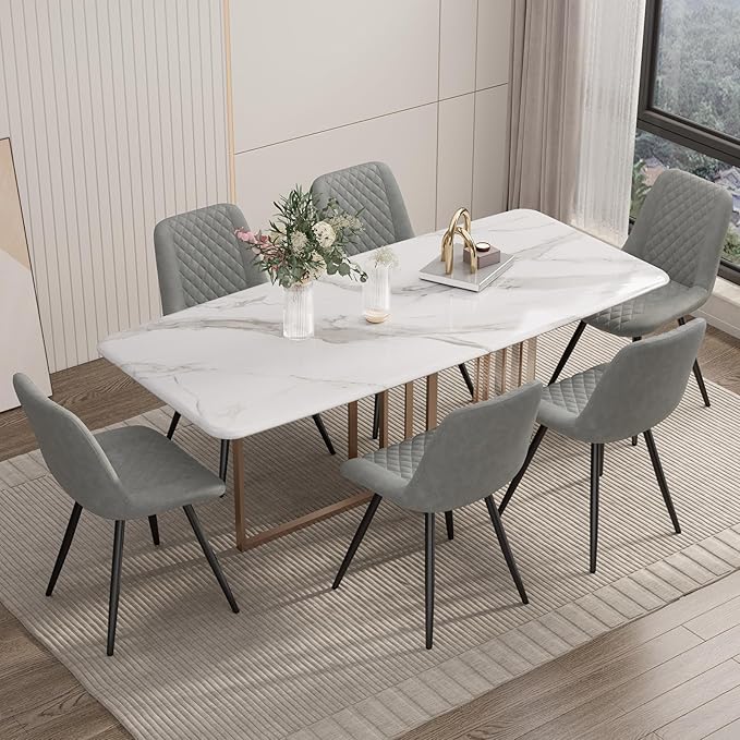 Modern Dining Chairs Set of 6, Top PU Leather Upholstered Dining Room Chairs with Metal Legs, Ergonomic Kitchen Chairs for Kitchen Dinning Room, Grey