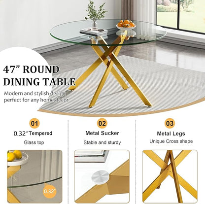 Goujxcy Round Dining Table Set for 6, Modern Glass Kitchen Table and Chairs Set of 6, 7 Piece Dining Room Table Set with 47" Circle Gold Metal Glass Dinner Table and 6 Grey Leather Dining Chairs
