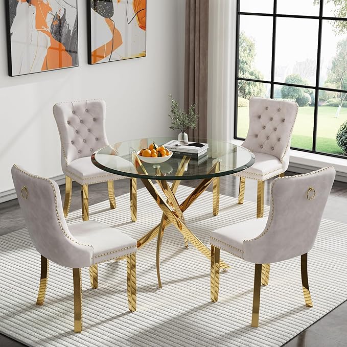 36-Inch Round Dining Room Table for 2-4, Modern Small Gold Glass Circle Kitchen Dining Table with Cross-Shape Stainless Steel Legs for Apartment Kitchen Dining Room