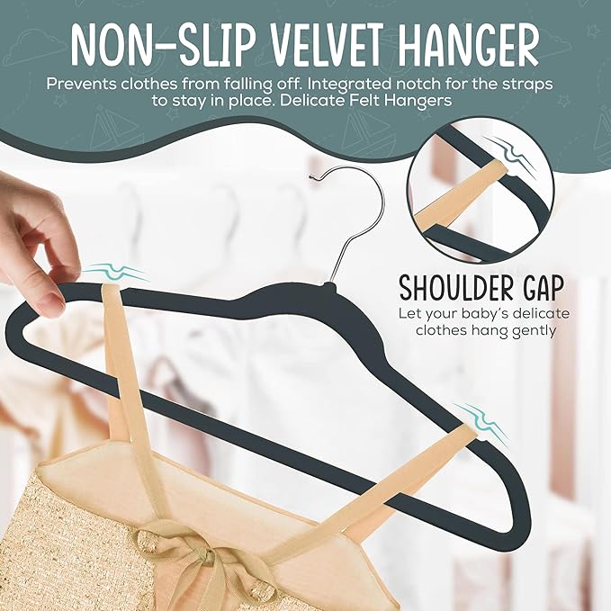 50 Premium Kids Velvet Hangers - 14" Non-Slip Clothes Hangers for Kids & Preteens - Ultra Slim, Space-Saving, Strong & Durable Hangers with 360° Swivel Hook - Black