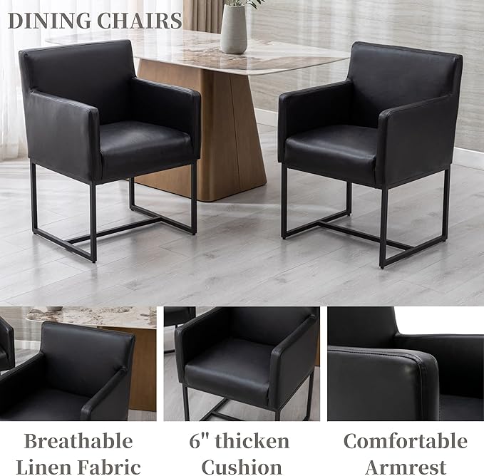 Set of 6 Upholstered Dining Chairs with Armrest, PU Leather Modern Accent Armchairs, Kitchen & Dining Room Chairs Side Chairs, Black