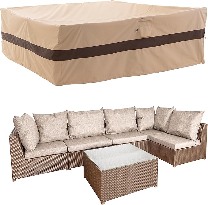 WJ-X3 Large Beige & Coffee Heavy-Duty Patio Table Cover, 136x88x36in, Waterproof, Wind-Resistant, Anti-Fade - Ideal for Sectional Outdoor Furniture Sets
