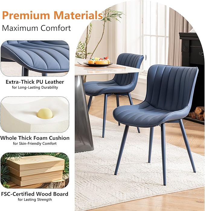 YOUNUOKE Mid-Century Modern Dining Chairs Set of 2, Navy Blue PU Leather Upholstered Kitchen Chairs with Navy Blue Metal Legs, Armless Accent Chair for Dining Room, Guest Reception Room