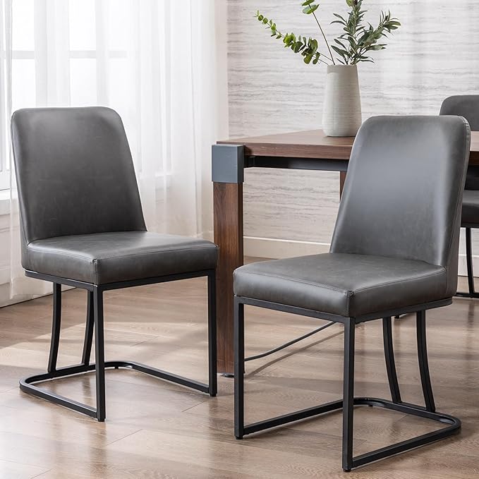 Charcoal PU Leather Dining Chairs Set of 4 Mid Century Modern Comfortable Dining Room Chair with Curved Backrest, Upholstered Kitchen Side Chairs with Black Metal Legs