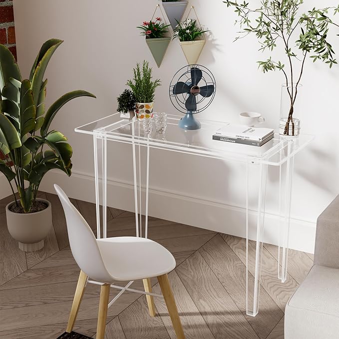 Acrylic Desk - Modern Study Table for Home Office, Extended Surface Multi-Purpose Console & Entryway Table, Sturdy Lightweight Design, Transparent Workstation for Small Spaces（Transparent-L）