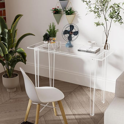 Acrylic Desk - Modern Study Table for Home Office, Extended Surface Multi-Purpose Console & Entryway Table, Sturdy Lightweight Design, Transparent Workstation for Small Spaces（Transparent-L）