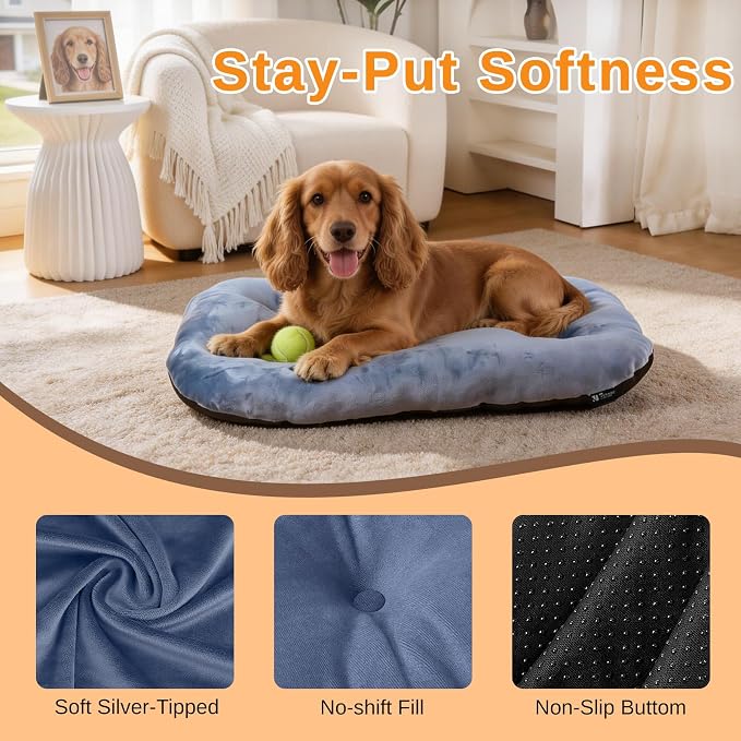 Washable Oval Medium Dog Bed, Silver-Tipped High-Resilience, Dusty Blue | Non-Slip Bottom Prevents Sliding, Soft Plush Short Fur, Machine Washable, Ideal for Crates/Apartments/Cozy Nooks,29"x18"x2.8"