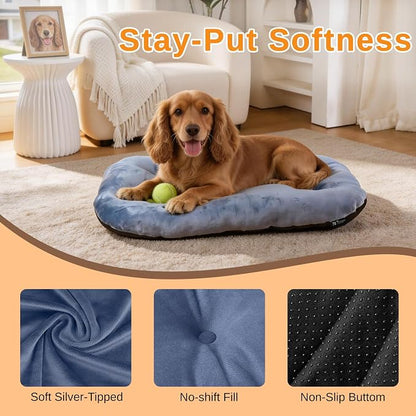 Washable Oval Medium Dog Bed, Silver-Tipped High-Resilience, Dusty Blue | Non-Slip Bottom Prevents Sliding, Soft Plush Short Fur, Machine Washable, Ideal for Crates/Apartments/Cozy Nooks,29"x18"x2.8"