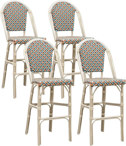 PURPLE LEAF French Bar Stool Set of 4 White Print Finish Patio Bar Stools with Back Rattan Bar Chairs Wicker Bar Height Stool 30" with Footrest Kitchen Island Stools Outdoor Barstool Colorful