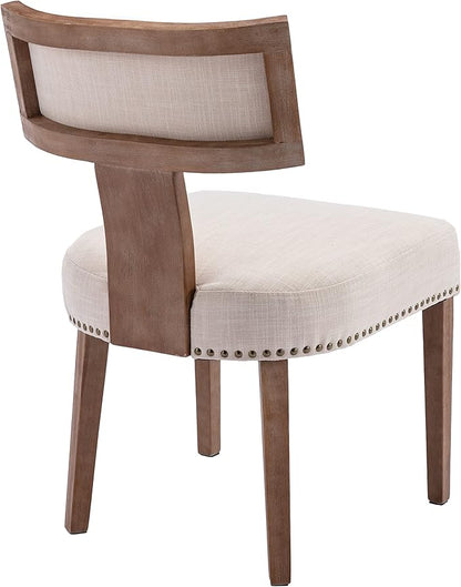 Mid Century Modern Dining Chairs Set of 6 Linen Fabric Upholstered Kitchen Side Chairs with Nailhead Trim, Modern Kitchen Armless Solid Wood Dining Chairs, Beige