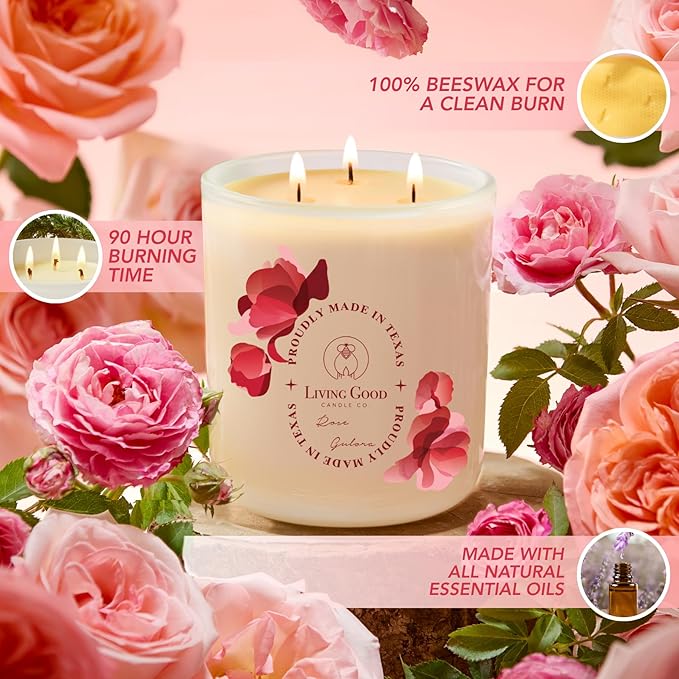 Rose Gulora - Turkish Rose Pure Beeswax Candle - 90+ Hours Long Burning Classically Designed Non-Toxic Scented Candles for Home Decor and Aromatherapy to Stress & Anxiety Relief 15 OZ