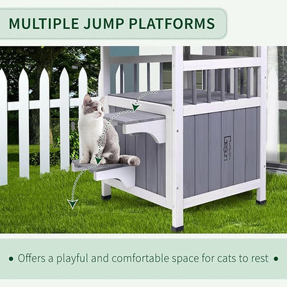 GEGURI Outdoor Cat House Weatherproof, Wooden Two-Story Feral Cat Shelter with, Escape Door, Balcony