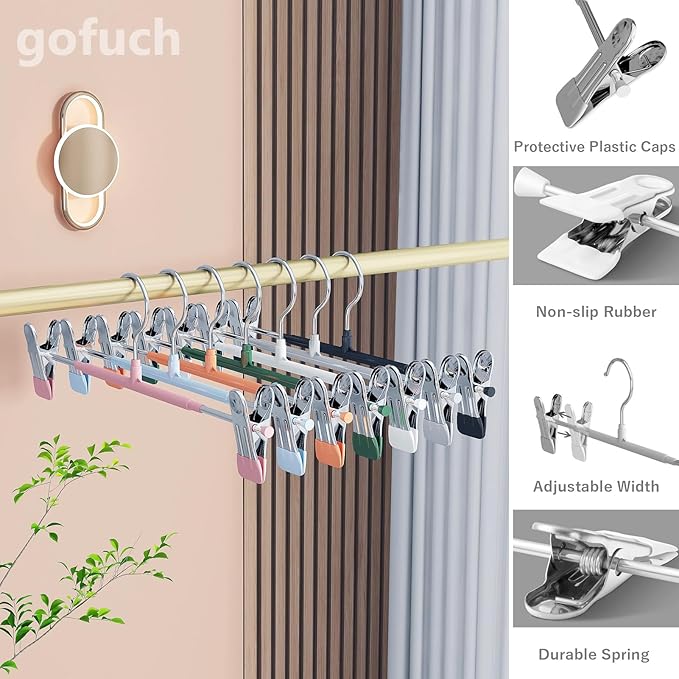 Pants Hangers with Clips - 8 Pack Heavy Duty, Non-Slip Adjustable Space Saving Skirt Hangers for Pants, Jeans, Shorts | White | 12 Inch