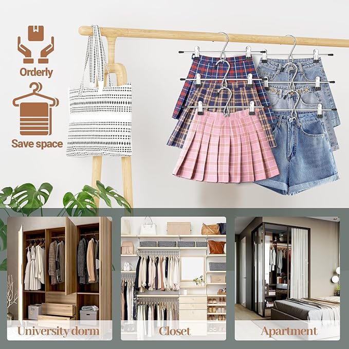 Pants Hangers Space Saving,Stackable Skirt Hangers with Clips, Hanging Closet Organizer and Storage,Clothes Hangers, College Dorm Essentials Apartment Essentials- 24 Pack