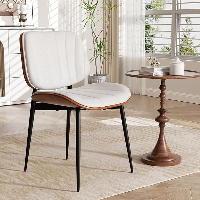 Dining Chair, Mid Century Modern Dining Room Chairs, Upholstered Faux Leather Kitchen Chairs with Walnut Bentwood Back and Metal Legs for Kitchen Dining Room Living Room, White