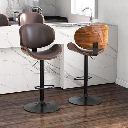 Adjustable Swivel Bar Stools Set of 4, Modern Bentwood Barstool with Large Metal Base and Footrest, PU Leather Upholstered Bar Chair with Curved Back for Kitchen Island Dining Room, Brown
