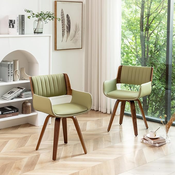 LUNLING Swivel Accent Faux Leather Dining Chairs Set of 4,Mid Century Modern Chairs with Wooden Legs/Armrest/Upholstered Seat/Adjustable Foots for Kitchen Dining Room Desk Chairs,Green